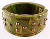 BB166 green bakelite hinged bangle w brass studs